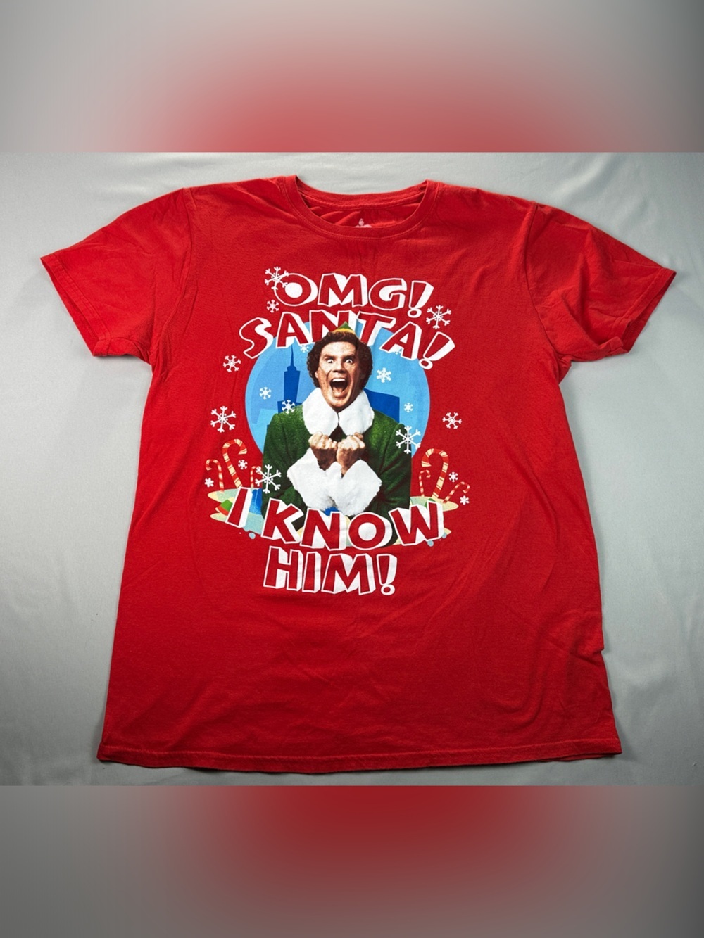 Omg Santa I know Him Shirt Red Short Sleeve Elf Movie Medium